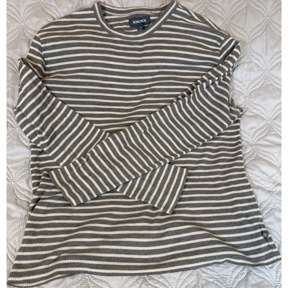 Bonobos Waffle Knit Shirt Mens Medium Gray Stripe Long Sleeve Crew Neck